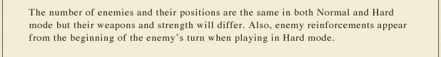 The number of enemies and their positions are the same in both Normal and Hard mode but their weapons and strength will differ. Also, enemy reinforcements appear from the beginning of the enemy's turn when playing in Hard mode.