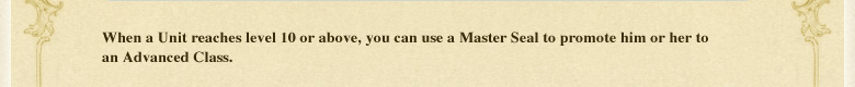 When a Unit reaches level 10 or above, you can use a Master Seal to promote him or her to an Advanced Class.